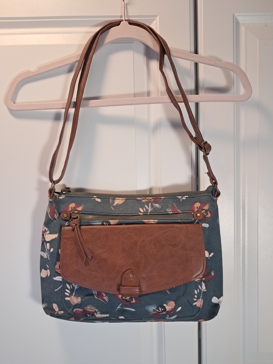 Source Unknown Handbags - Floral Canvas Crossbody Bag with Brown Faux-Leather Flap